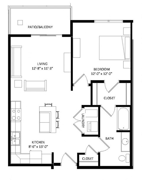 1 Bedroom A3 SIM Floor Plan at Two Points Crossing, Madison, WI, 53593